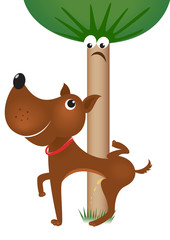 Dog urinating on tree