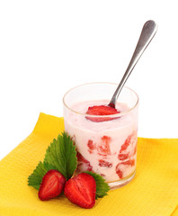 yogurt and strawberries isolated on white