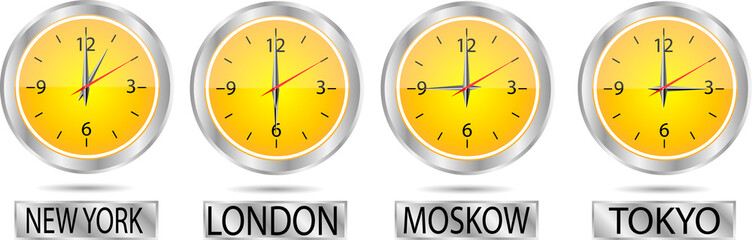 Clock showing the time in New York, Moscow, London and Tokyo