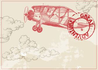 Vintage paper background with plane and clouds © Danussa