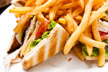 Sandwich chicken, cheese and golden French fries potatoes