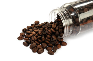 Roasted coffee isolated on a white background, selective focus.