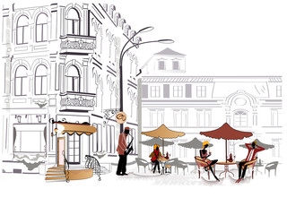Reihe von Straßencafés in Skizzen