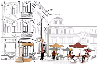Abwaschbare Fototapete Abbildung Paris Reihe von Straßencafés in Skizzen