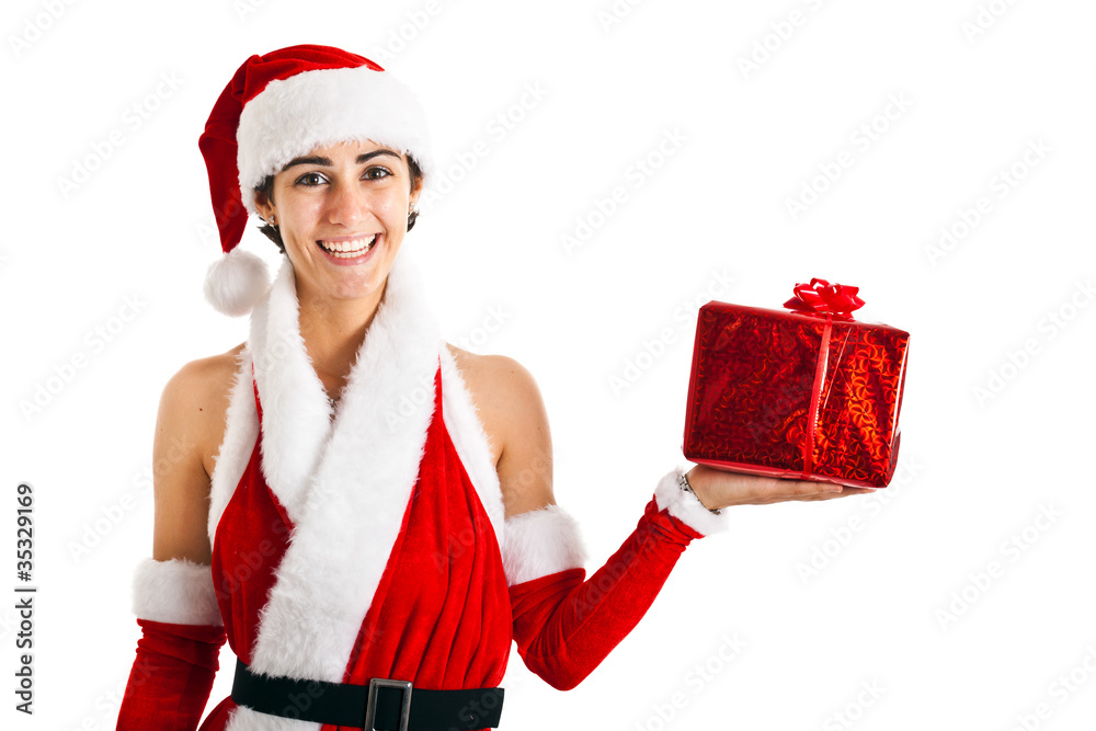 Wall mural Santa woman holding a gift box