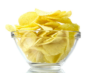 Delicious potato chips in bowl isolated on white