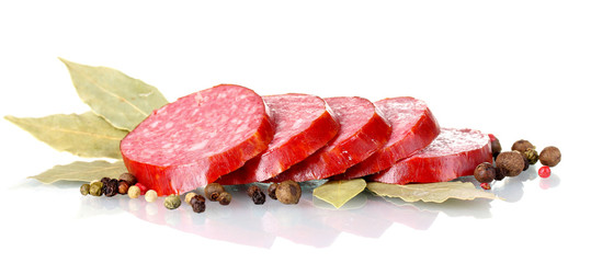 Tasty sausage and spices isolated on white