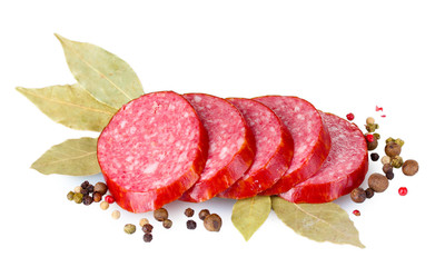 Tasty sausage and spices isolated on white