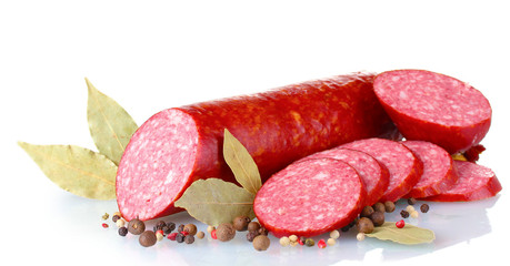 Tasty sausage and spices isolated on white