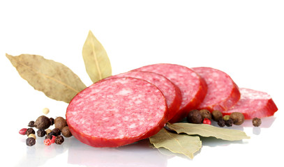 Tasty sausage and spices isolated on white