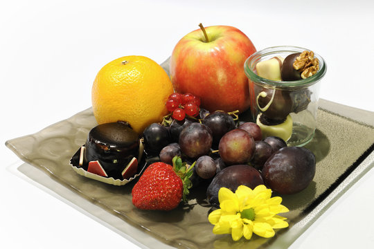 Composition of fresh fruits and chocolates