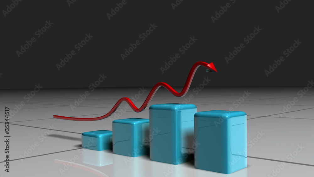 Poster red arrow following a blue bar graph