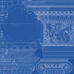 Blueprint. Hand draw sketch ionic architectural order