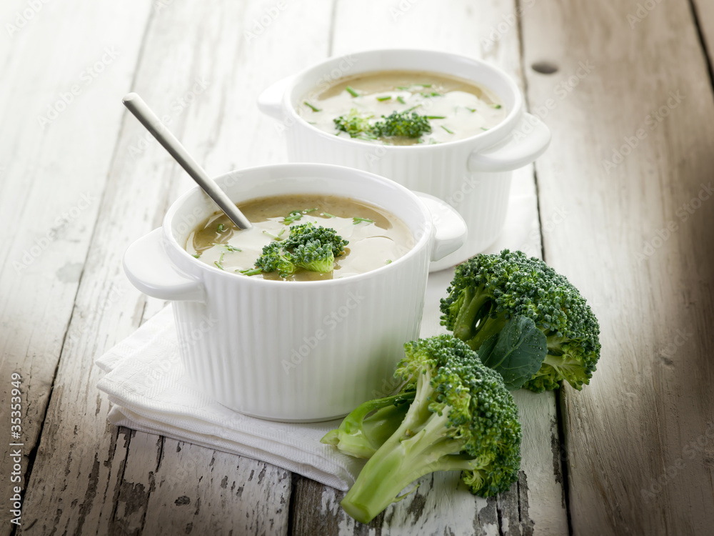 Canvas Prints broccoli soup on bowl over wood background