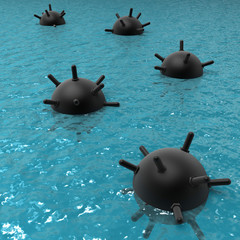 Floating naval mines at the sea.