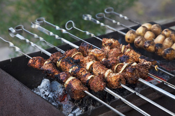 shish kebab in process of cooking on open fire outdoors