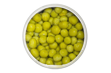 Tin with green peas isolated on a white background.