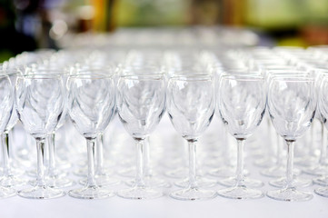 A lot of wine glasses in a row