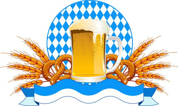 oktoberfest beer mug, pretzels, wheat, blue and white clip art preview
