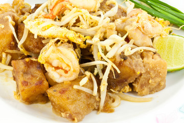stir fried carrot cake with shrimp on white background