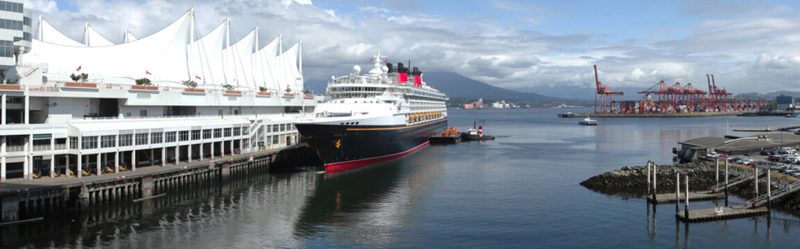 Panoramic view of a cruise ship docked at Canada Place Vancouver