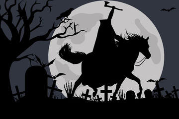 Illustration of a headless horseman with moon in background - obrazy, fototapety, plakaty