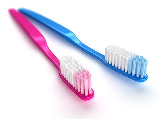 Brosses à dent rose et bleue sur fond blanc 1