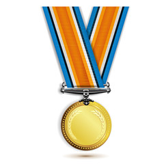 Gold medal with ribbon on white