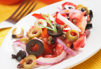 Vegetable salad with tomato, onion and olives