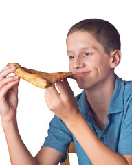 Teenage Comically Happy to Eat Pizza