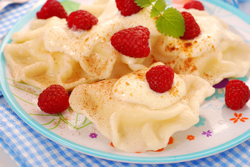 ravioli (pierogi) with cottage cheese and raspberry