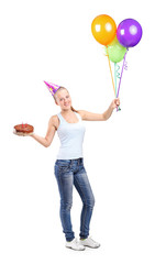 Attractive woman holding ballons and a cake