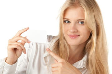 Close up of business woman pointing to blank card