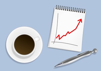 cup of coffee, notepad and silver pen