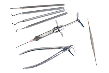 Set of dental tools, isolated white background