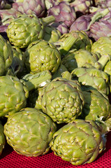 Artichokes on display at the farmers market