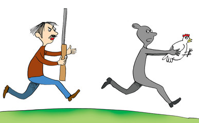 Man cathing thief with chicken