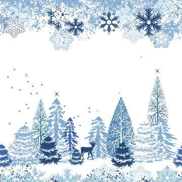 Beautiful seamless blue pattern with winter forest