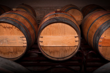 Wine barrels in an aging cellar of Ribera del Duero, Spain