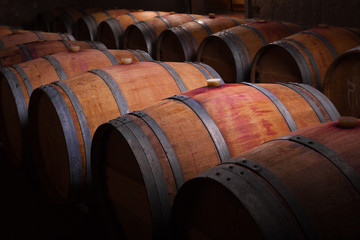 Wine barrels in an aging cellar of Ribera del Duero, Spain