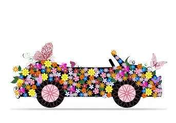 Foto op Plexiglas cabriolet van bloemen en vlinder © Aloksa