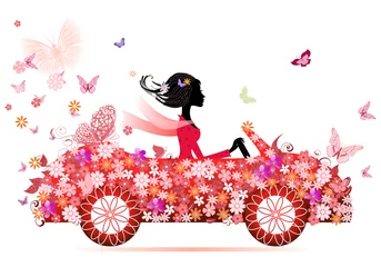 Abwaschbare Fototapete Blumen Frau Mädchen auf einem roten Blumenauto