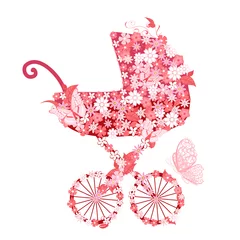 Foto op Plexiglas Bloemenmeisje Kinderwagen met bloemen voor meisjes