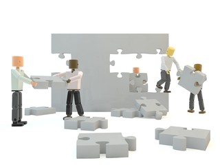 A team building a grey wall against a white isolated background