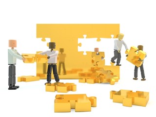 A team building a gold wall against a white isolated background