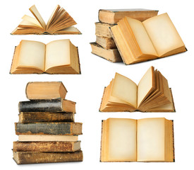 Isolated books. Collection of different old books, closed and open with empty pages, single and in...