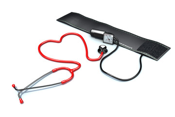 Red heart shaped stethoscope with blood pressure cuff