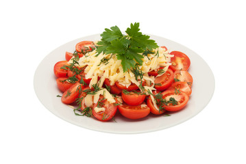 Red tomatoes from above are strewed by cheese