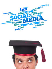 Young head looking at social type of icons and signs