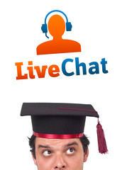 Young head looking at support contact type of icons and signs